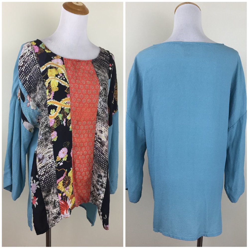 Citron Textured Blue Multi-Color Patchwork Print … - image 1